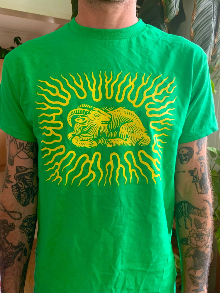 Image of Flaming Goat Yellow on Green