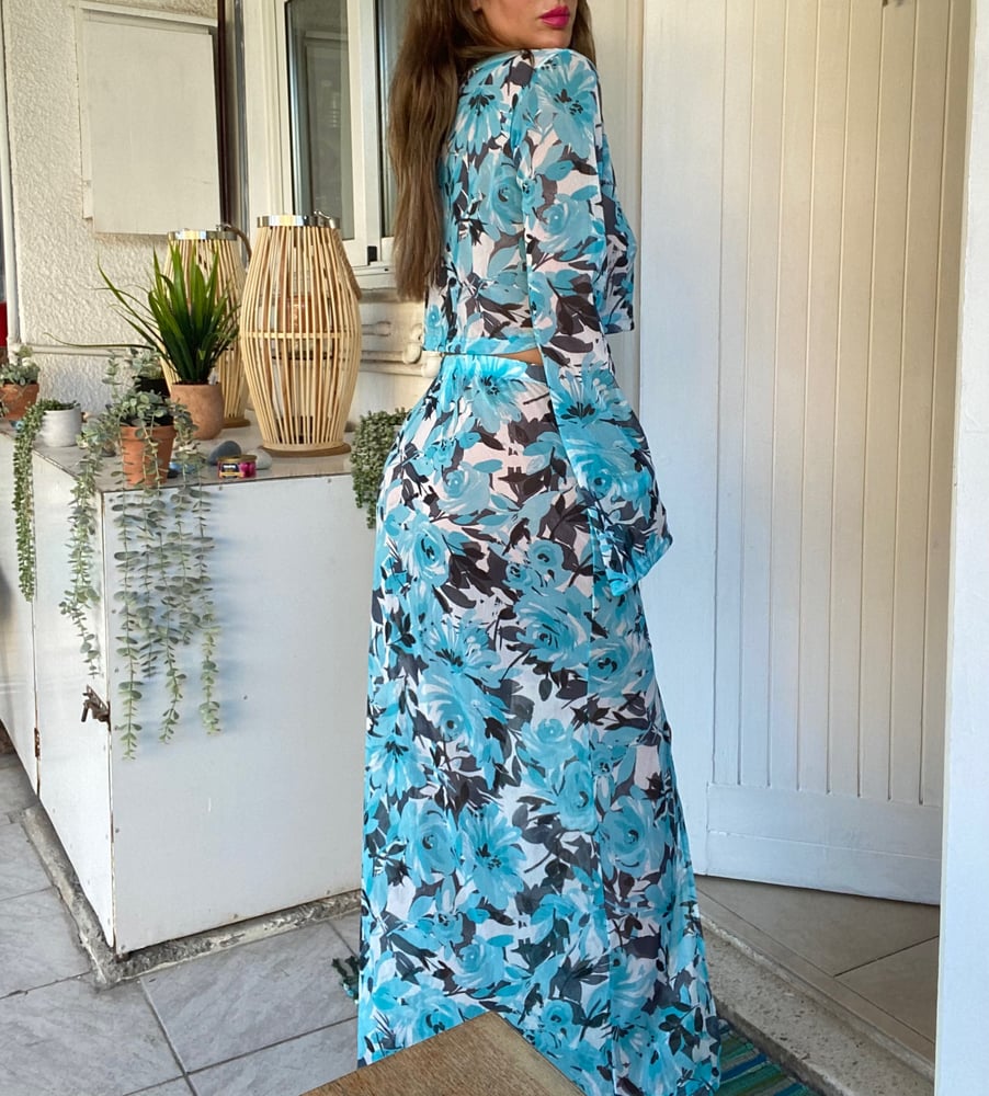 Image of Blue Floral Mesh Tie Front Cardi & Maxi Skirt Set