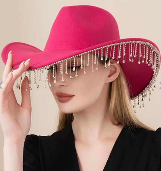 Image of Rhinestone Stone Paved Fringe Around Cowboy Western Hat