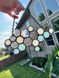 Image 1 of Stained Glass Honeycomb Suncatcher - Iridescent & Textured Glass Window Hanging Art Decor