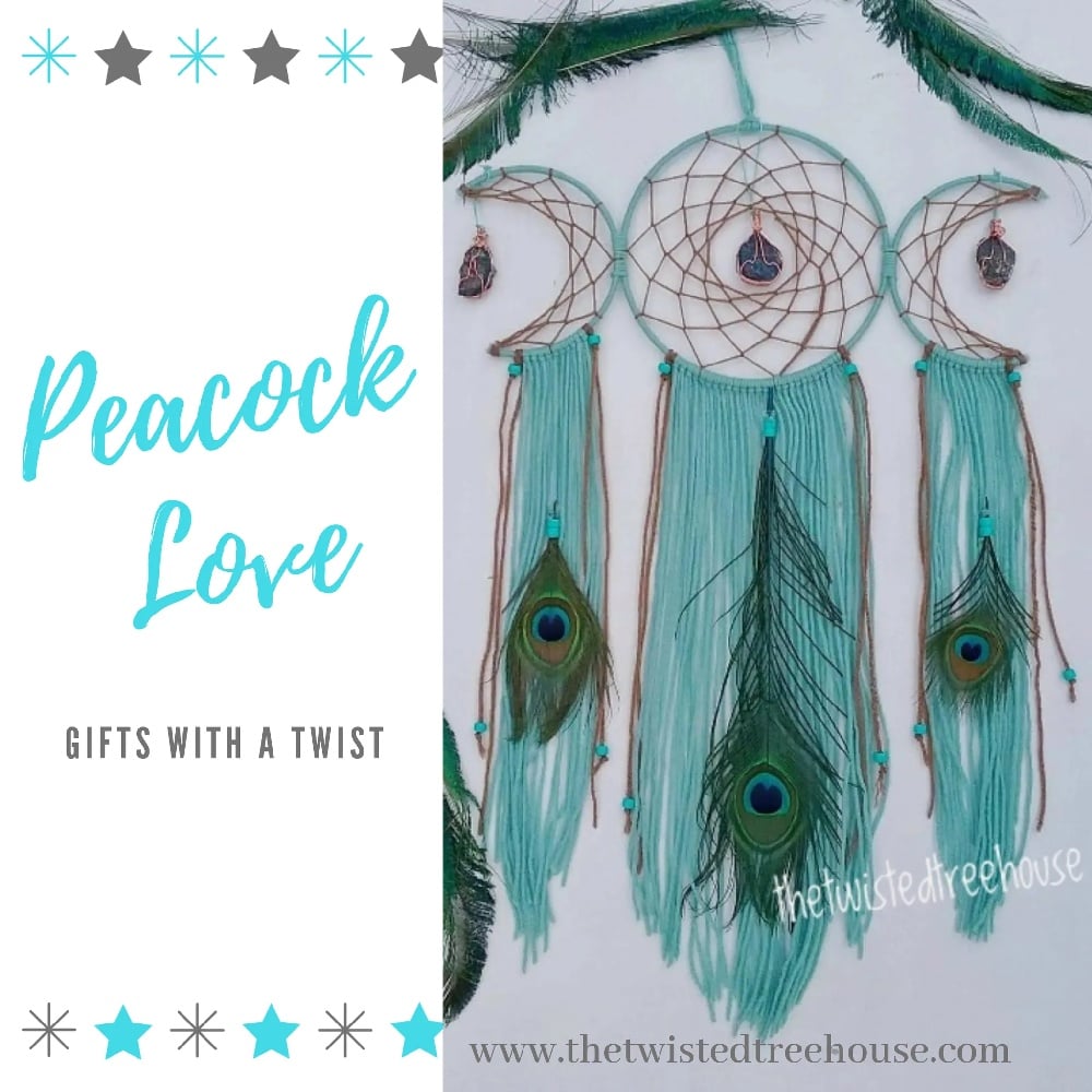 Image of Peacock Dreamcatcher, Triple Moon with Crystals, Peacock decor