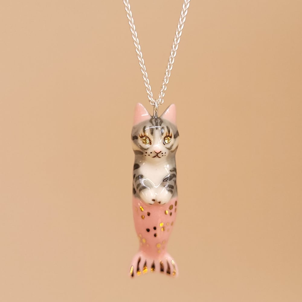 Image of Grey Tabby Porcelain & Sterling Silver Purrmaid Pendant