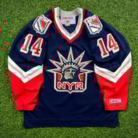Image 1 of 2000 CCM NHL Jersey New York Rangers Theo Fleury Sz. L Liberty Alternate Vintage
