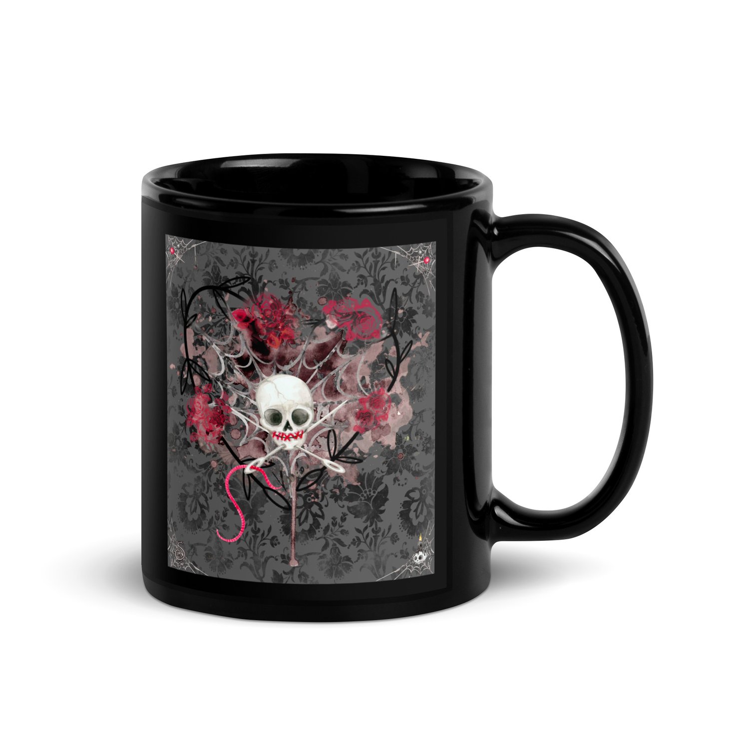 Image of Needle and Thread Voodoo Doll Skull | Creepy Cute Gothic | Black Glossy Coffee Mug | Tea Cup