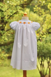 Image 1 of Size 2 & 4 hand smocked pumpkin bishop and bloomer 