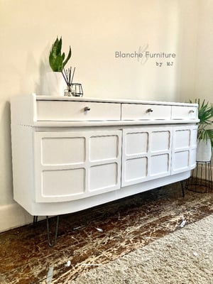 Image of Stunning Nathan Curved Sideboard in White on Brushed Steel Legs