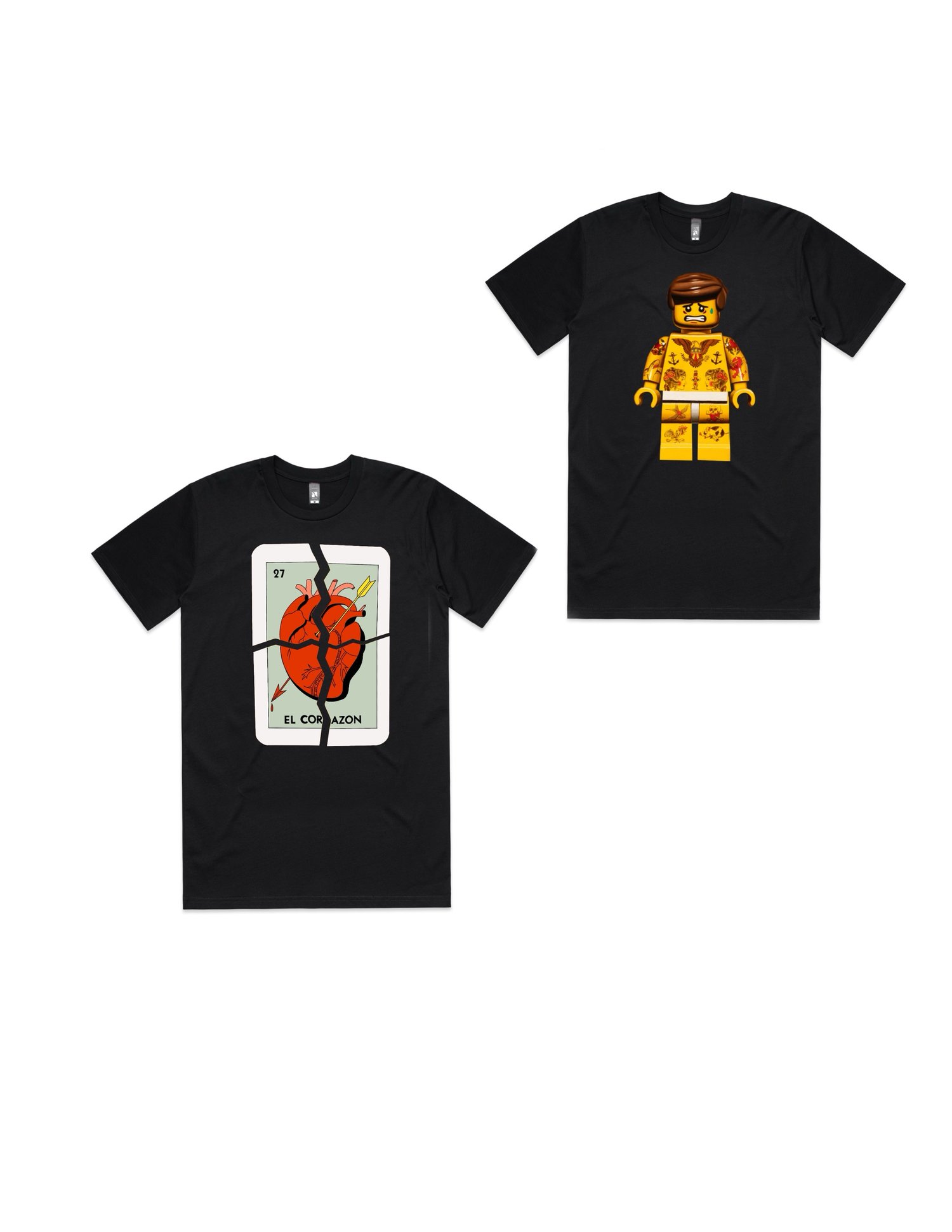 Image of Broken heart & tattoo lego guy shirt 