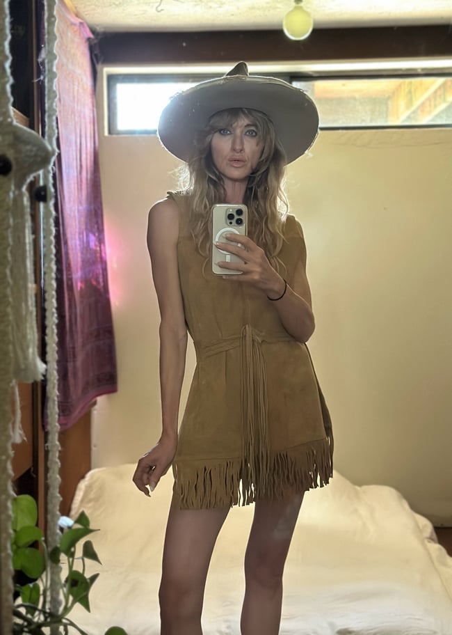 late 60s fringe wrap around suede mini dress