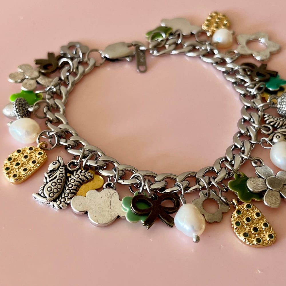 Image of One of a Kind Charm Bracelet - Green flowers, bows, Squirrels, Pearls