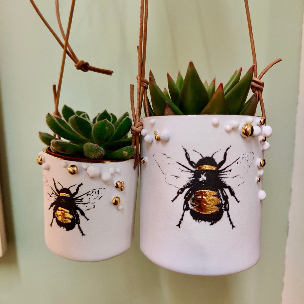 Porcelain golden bee pollen hanging planter