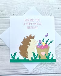 Image 1 of Handmade Hedgehog Birthday Card - Cute Animal Card with Flower Pot - Perfect for Nature Lovers