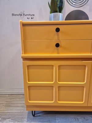 Image of Gorgeous Nathan Sideboard in a Marigold Orange on Black Hairpin legs with Matching handles