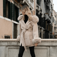 Image 2 of Beige Loro Coat With Fur Cuffs