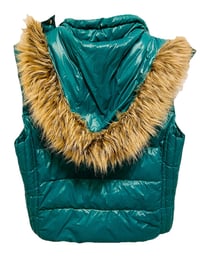 Image 2 of  Vince Camuto green puffer vest with faux fur trim hood 