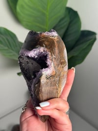 Image 14 of AMETHYST ON A CUSTOM STAND WITH A PERFECT SUGAR COATED CALCITE POINT -URUGUAY-