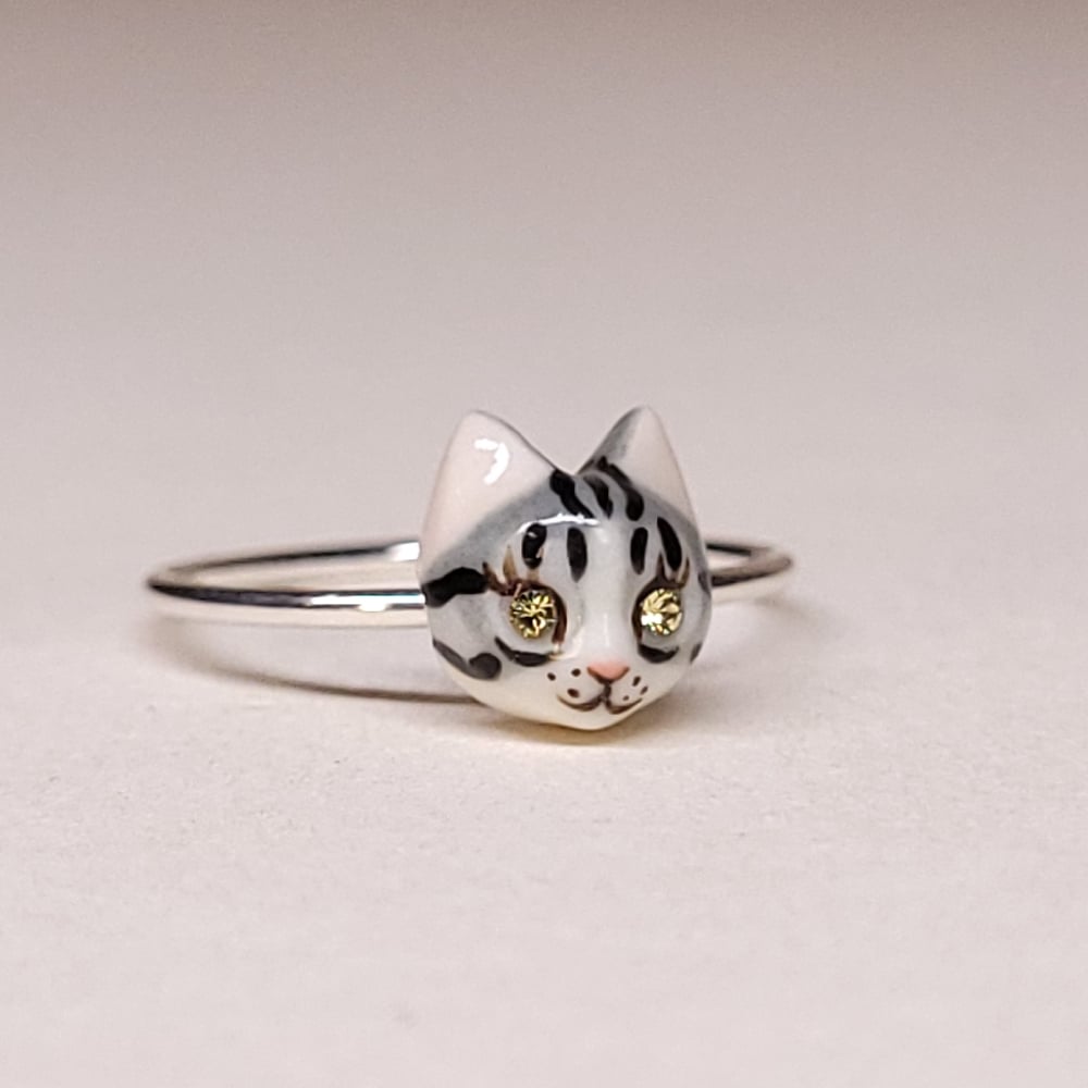 Image of Silver Tabby Porcelain & Sterling Silver Cat Ring