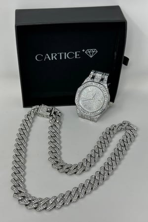 Image of Maxine 4.0Ct Classic Radiant Cut Women's Stud Earrings In Sterling Silver &  Watch & Cuban Chain 