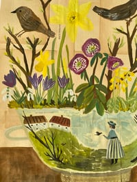 Image 2 of Large landscape dish with spring garden and birds - book page artwork 