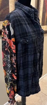 Image 3 of Vintage Funky Black Flannel Shirt Floral Sleeves Steampunk Cat