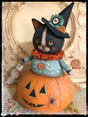 Halloween witch cat pumpkin folk art doll character Penny Grotz