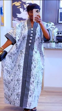 Image 1 of African Royal white Damask Boubou | With a touch of black | (With inner belt) |