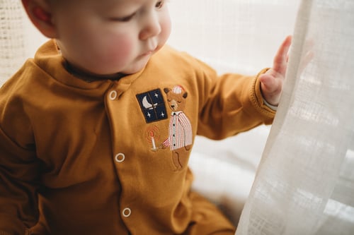 Image of Bedtime Bear - mustard button down sleepsuit 