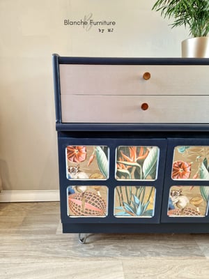 Image of Stunning Nathan Sideboard in Navy Blue with Decoupaged Squares, Silver Drawers
