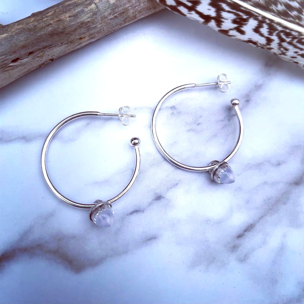 Handmade Blue Chalcedony Bullet Sterling Silver Hoop Earrings 925