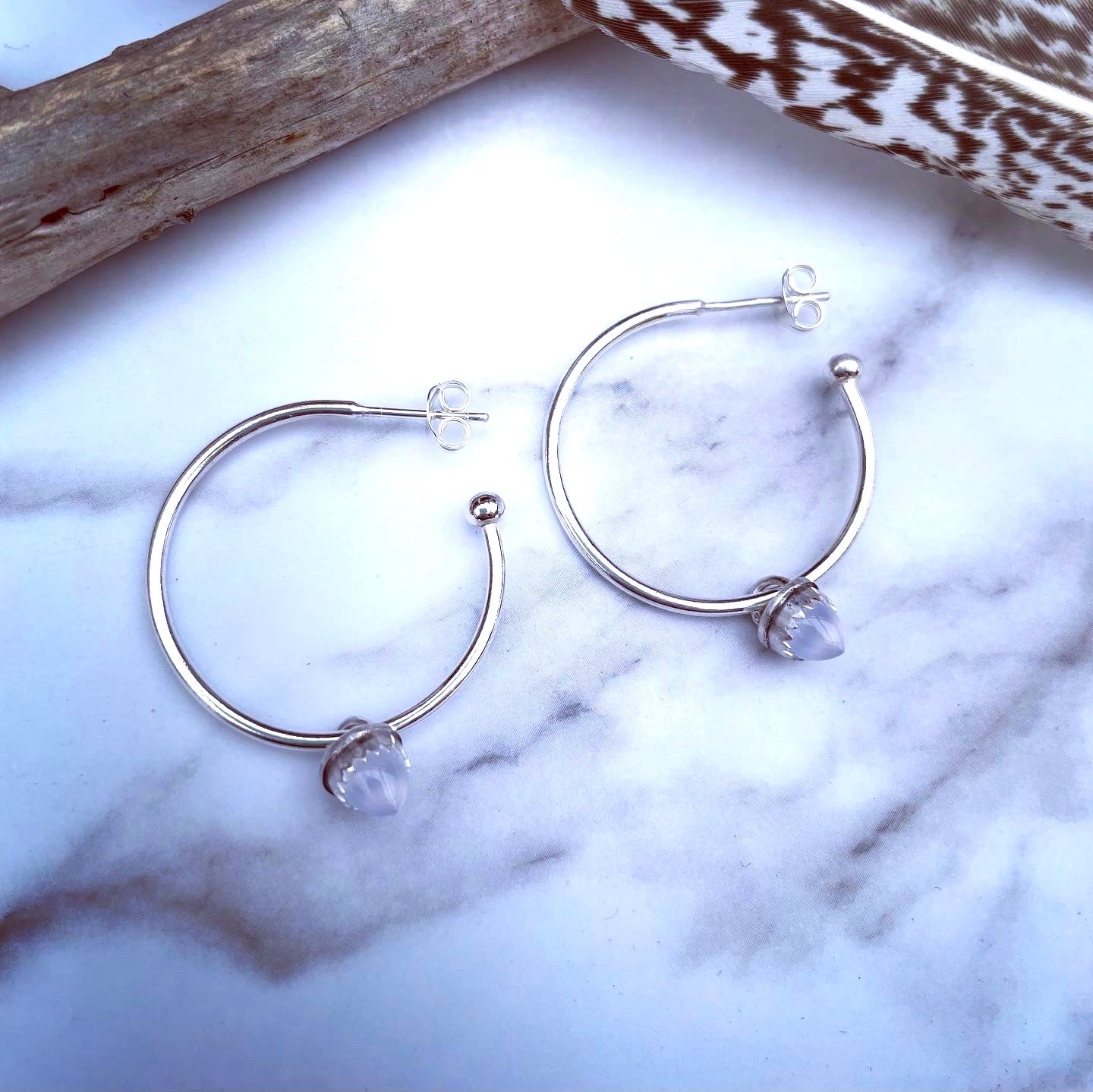 Image of Handmade Blue Chalcedony Bullet Sterling Silver Hoop Earrings 925