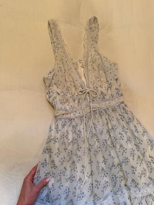 70s Gunne Sax lace up prairie corset sun dress 11 medium small calico white 