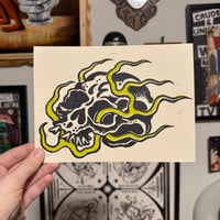 Image 1 of Hot Head Skull Linocut Print Green