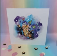 Pizza party space kitty greetings card 