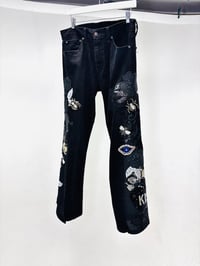 Image 1 of Flower Patchwork Denim Pants (Black)