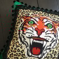 Image 3 of Green Velvet Tiger Pom Pom Cushion Cover