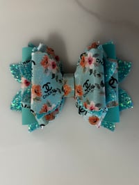 Image 3 of Pastel Floral Glam Tumbler Straw Topper Bow – Teal & Pink Designer-Inspired Cup Accessory