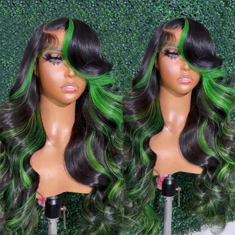 Image of Glueless 180 density Black and Green Highlight Wig Human Hair 13x4 Body Wave Frontal Wig