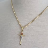 Image 1 of Small Two Tone cross Pendant with rope chain, gold tone religious cross charm, (Gold Plated) copy