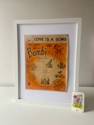 Image of Bambi c1942, framed vintage sheet music of 'Love Is A Song'