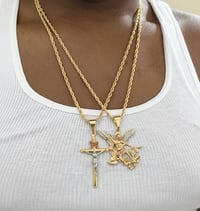 Image 1 of 14k EP Rope Chain Two Tone Double Rope Chain Layered Necklace & Pendant Set (St.Michael/ Cross)