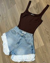Image 3 of Frill hem Broderie denim shorts 