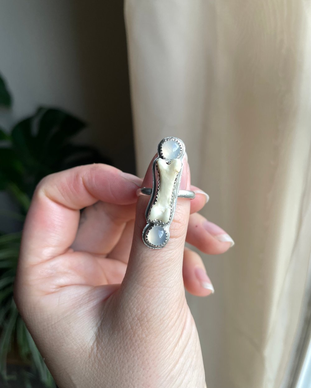 Image of Coyote Bone and White Chalcedony Handmade Sterling Silver Ring