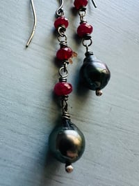 Image 9 of sterling silver ruby and Tahitian pearl dangle earrings by peacesofindigo