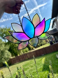 Image 3 of Rainbow Dichroic Stained Glass Lotus Suncatcher - Rainbow Iridescent Flower Window Art Decor