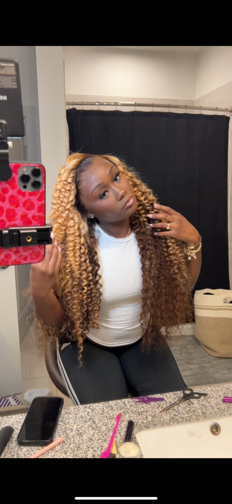 Image of Honey Blonde Curly Deepwave Frontal 30 Inch W/  Brown Roots