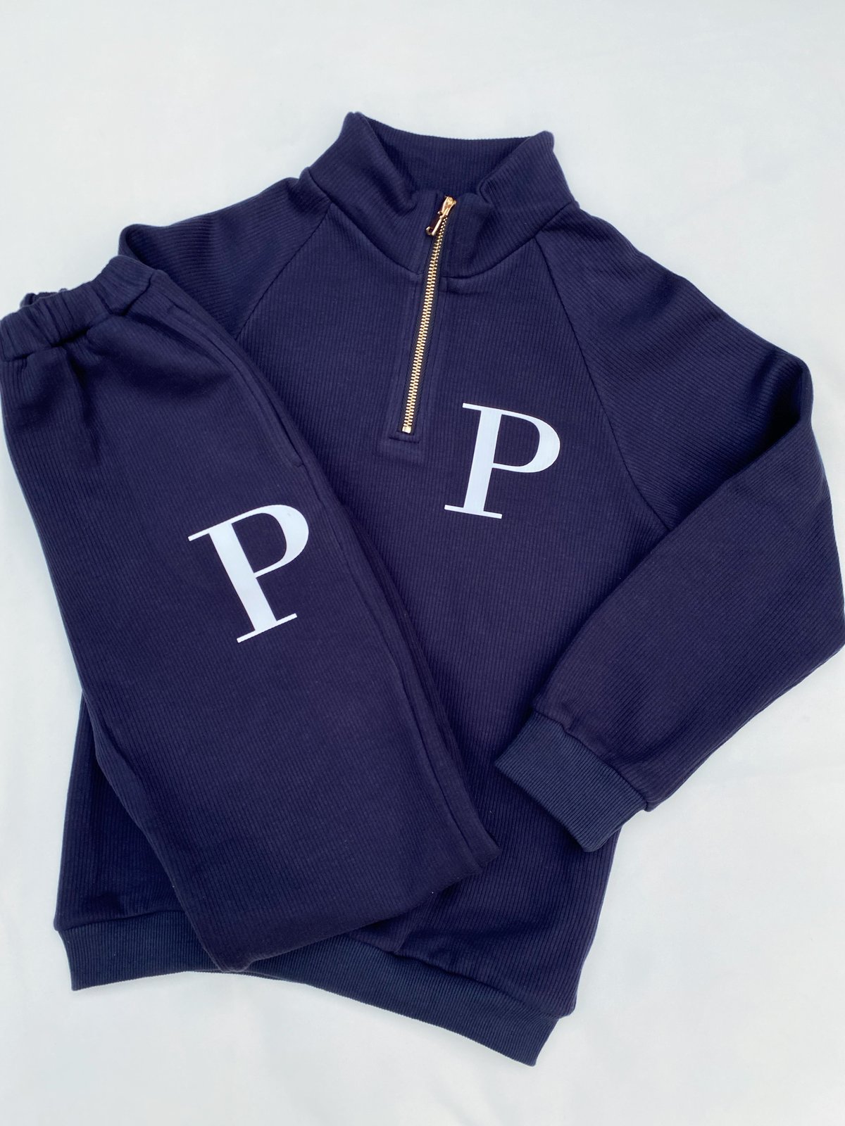 Image of Navy Initial Fleece Ribbed Tracksuit 