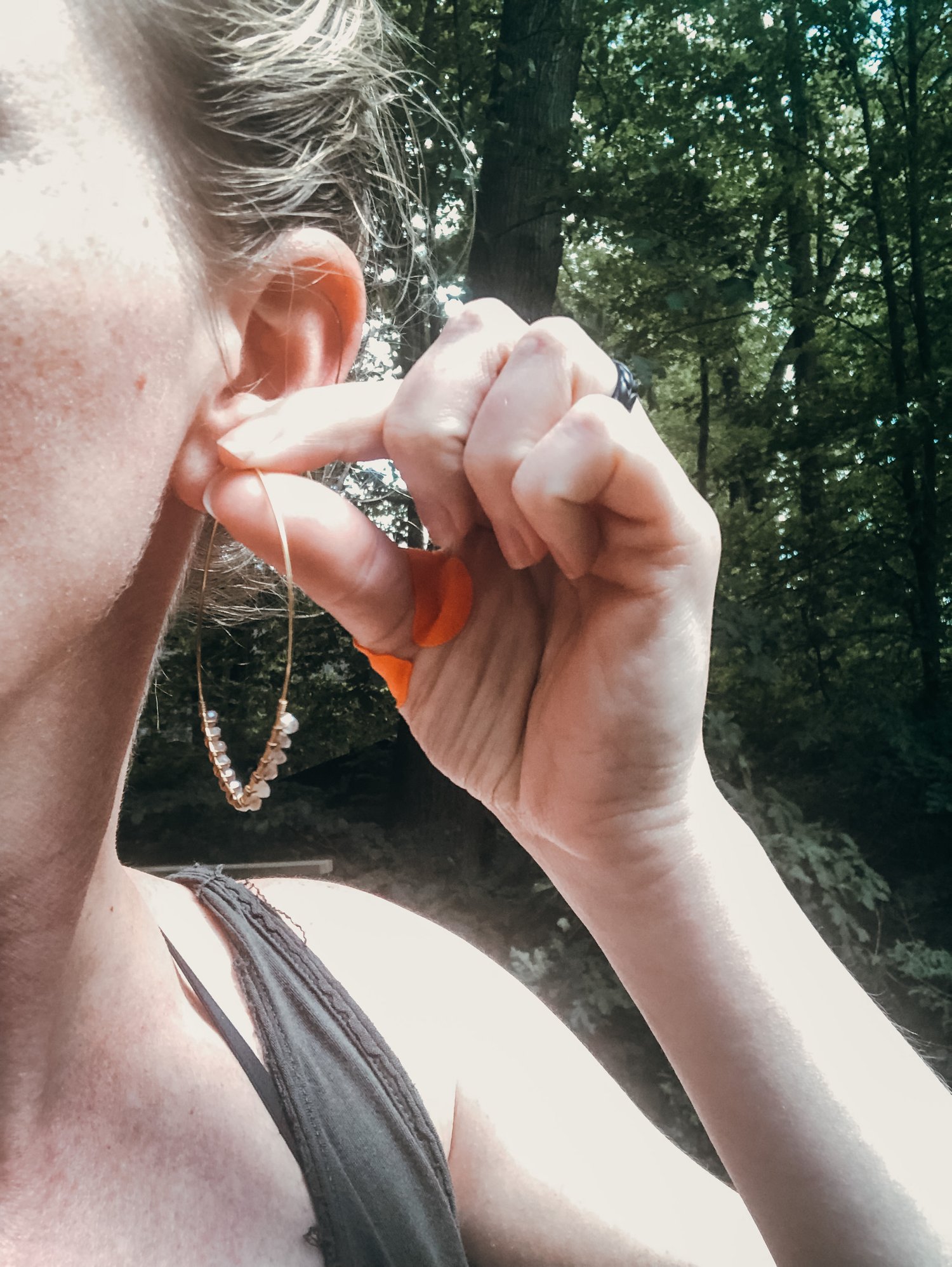 Image of Large Hammered Marquise Hoops in Gray Moonstone