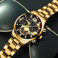 Image 4 of 4pcs Luxury Men Business Quartz Watch Gold Alloy Roman with Calendar Wrist Watch Cross Necklace Brac