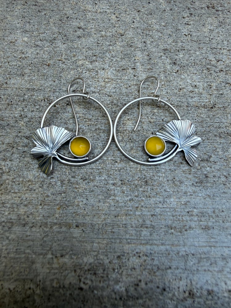 Image of Ginkgo Hoop Earrings with Canary Yellow Chalcedony