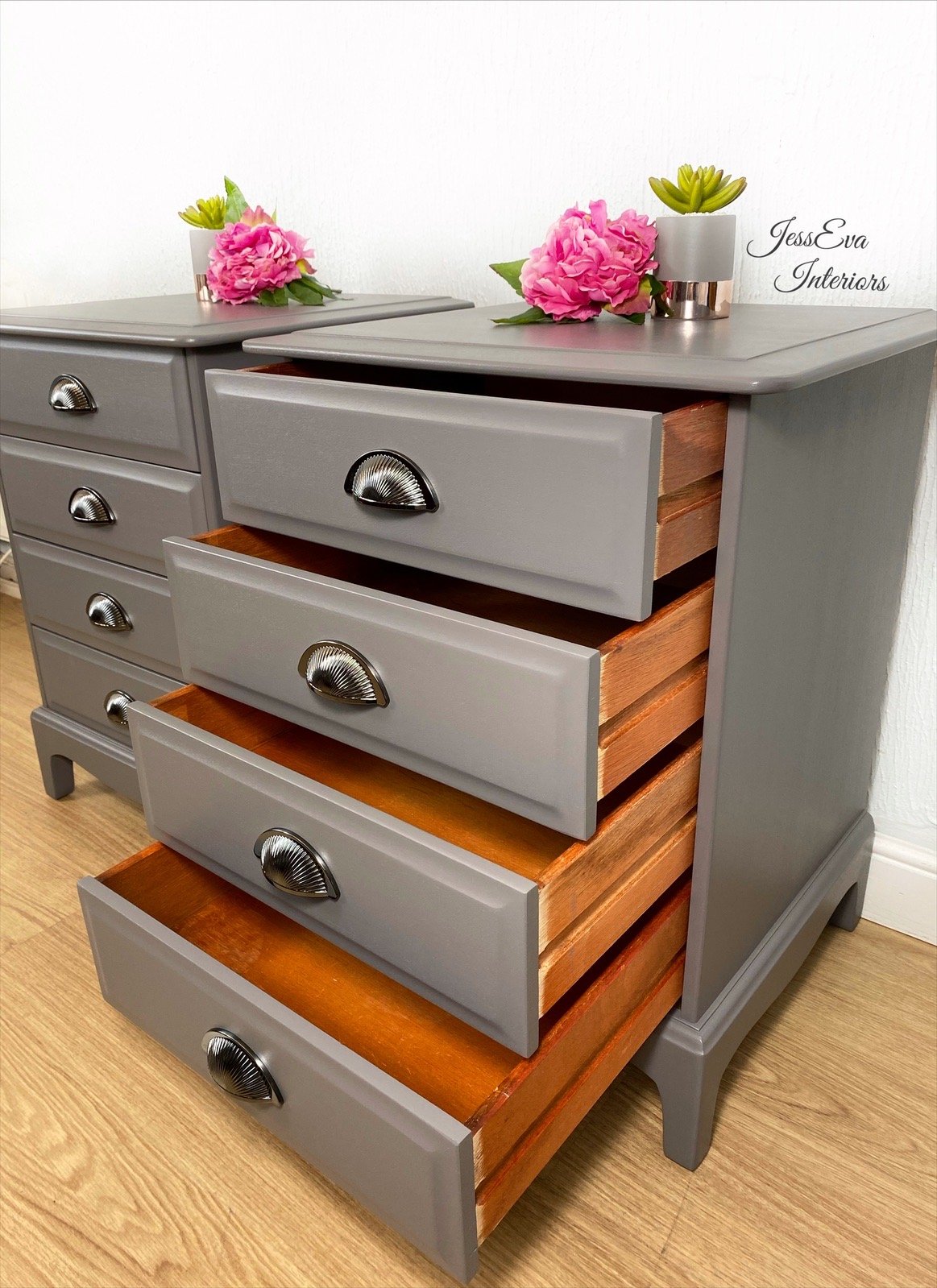 Painted grey Stag Minstrel Pair of Bedside Tables Cabinets Chest Of Drawers 