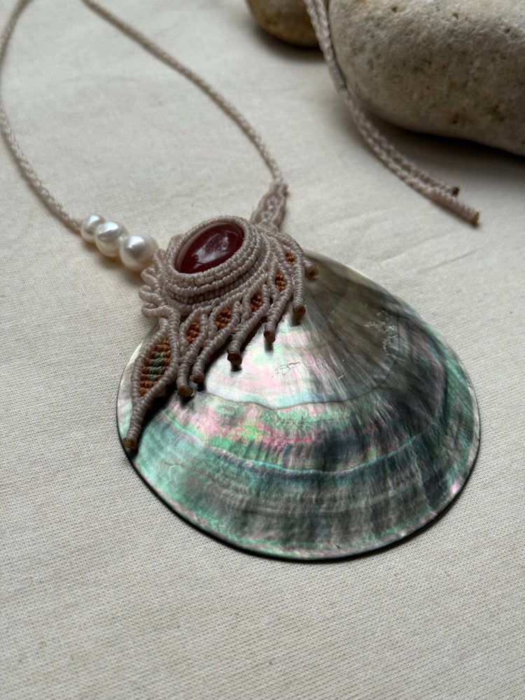 Image of Macrame necklace with carnelian and mother of pearl shell